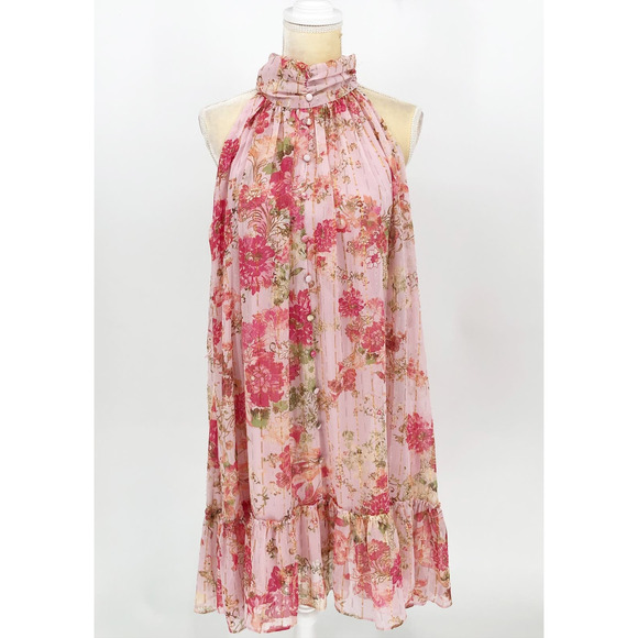 Taylor Womens A Line Dress 14 Pink Floral Button Front Mock Neck Chiffon NWT - Picture 4 of 13